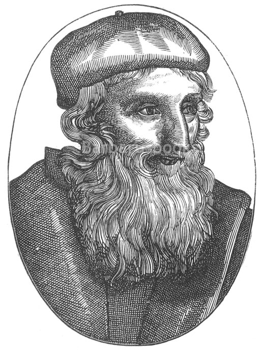 Abb. 313. – John Wickliff, ein theologischer Häresiarch, der Vorläufer Luthers, geboren in Wickliff in England um 1324, gestorben 1387. – Nach „Vrais Pourtraits des Hommes Illustres“: 4to, Jean de Laon, Genf, 1581.