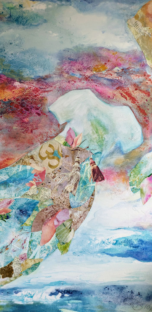 Welt im Saum, Collage auf Leinwand, 100 x 50 cm, 2024- Caroline Baum
