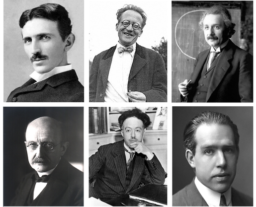 Abb.: (v.o.l.n.r.) Nikola Tesla, Erwin Schrödinger, Albert Einstein Max Planck, Louis De Broglie, Niels Bohr