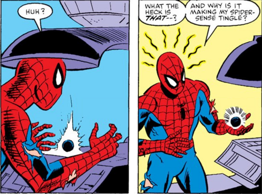 Figure 3. Spider-Man trouve le symbiote sur Battleworld dans Secret Wars (Les Guerres Secrètes) #8 en 1984