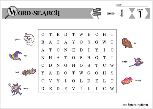 HALLOWEEN（ハロウィン）に関する英単語が学べる無料ダウンロード教材／単語さがし（Word Search）