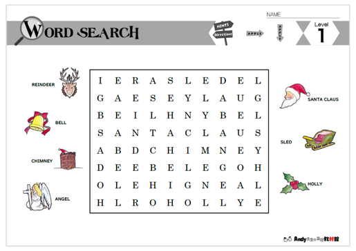 Christmas（クリスマス、 Xmas）に関する英単語が学べる無料ダウンロード教材／単語さがし（Word Search）