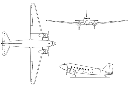Disegno del Douglas C-47, si nota la pulizia aerodinamica della macchina, questa prerogativa gli permetteva di planare e mantenersi in aria anche senza motori.