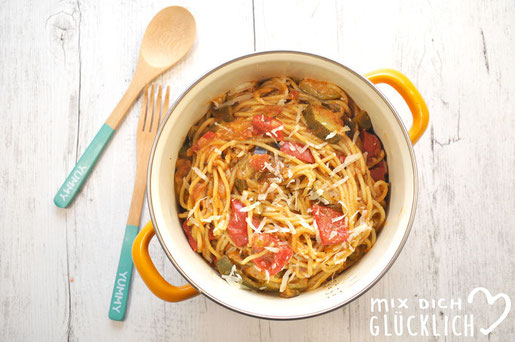 One Pot Pasta Ratatouille Spaghetti aus dem Thermomix vegan