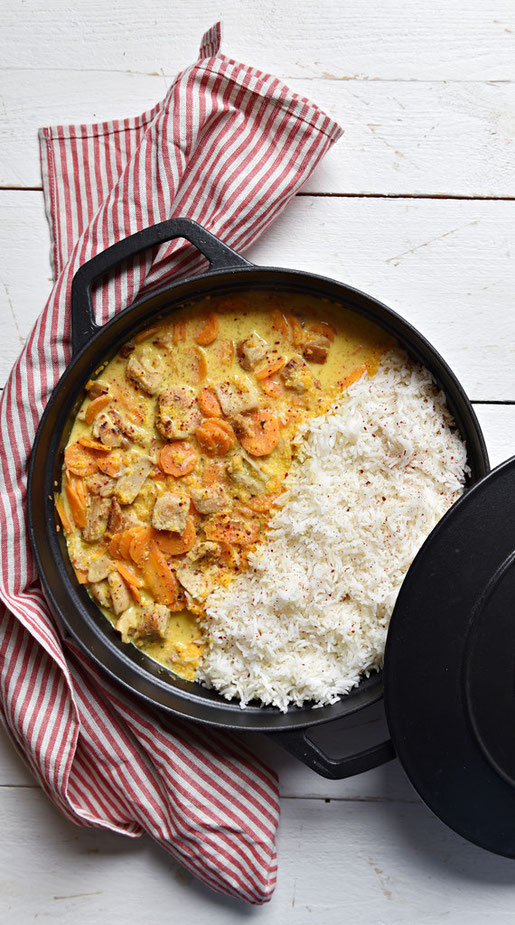 Kokos Möhren mit Reis und Veggie Fleisch nach Hühnchen Art