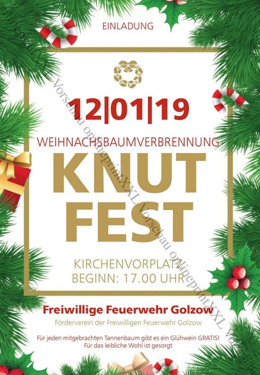 Flyer zum Knutfest - Weihnachtsbaumverbrennung in  Golzow (16230) im Landkreis Barnim in 2019