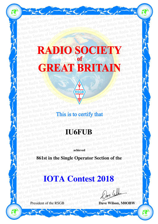 classificato al 861° posto su 1.848. Section Single Operator IOTA Contest 2018