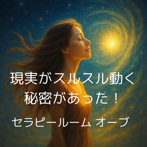 宇宙の星々と調和しながら光を見つめる女性の横顔。内なる変容と目覚めを象徴する幻想的なイメージ。