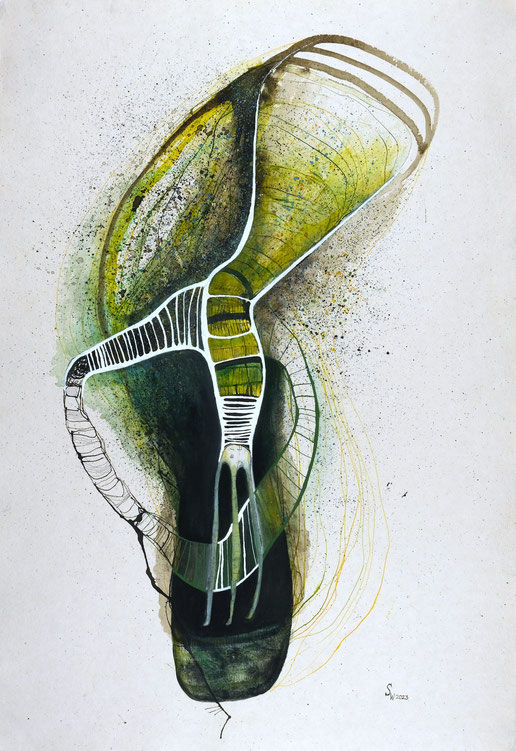 Kunstwerk auf Papier, gemalt  mit Gouache, Tusche, Aquarellfarbe, Stiften etc.