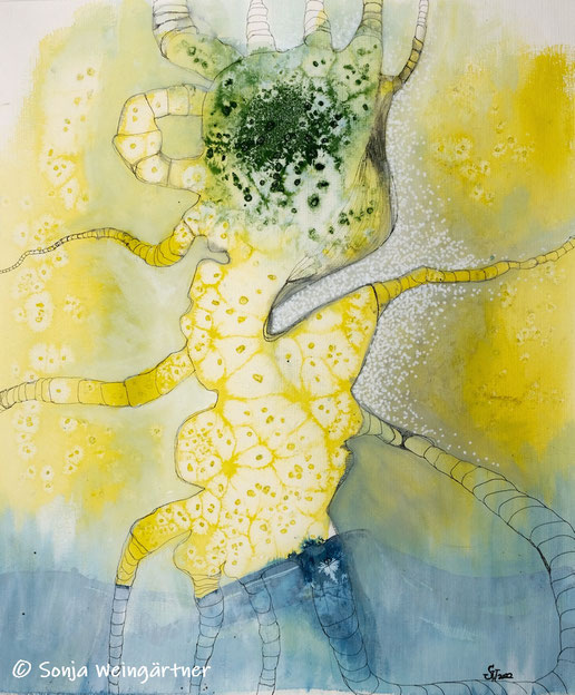 Kunstwerk auf Papier, gemalt  mit Gouache, Tusche, Aquarellfarbe, Stiften etc.