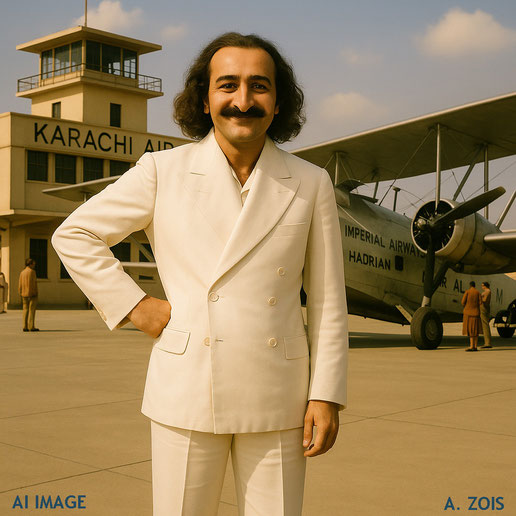 This AI created image shows Meher Baba about to take his first commercial flight from Karachi to Baghdad, Iraq, Image produced by Anthony Zois.