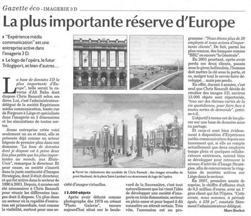 Expérience Image / Base de données 3D /  Gazette de Liège Libre Belgique