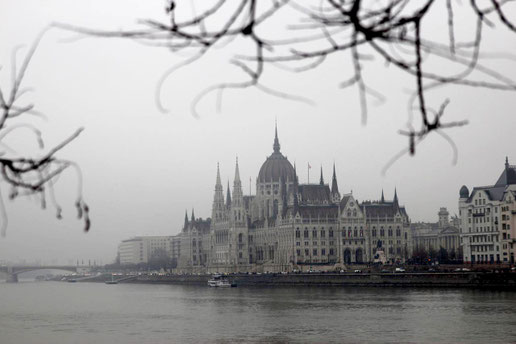 The Parliament of Budapest at the Danube in the winter, travel Budapest, Eastern Europe Rail Trip
