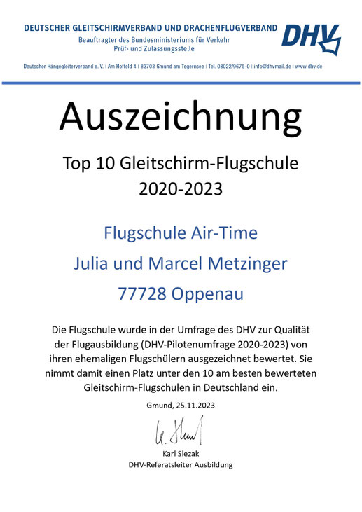 Auszeichnung Gleitschirmschule Air-Time beliebteste Flugschule, Air-Time Gleitschirmschule Oppenau