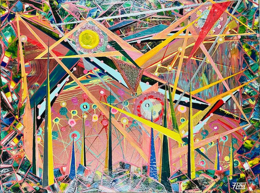 Abstraktes Acrylkunstwerk „DESKRIPTIV“ von Andreas Alka alias „FLoYd“; komplexe geometrische Komposition mit leuchtenden Farben, grafischen Linien und struktureller Tiefe – inspiriert vom wertfreien, beschreibenden Blick auf innere und äußere Wirklichkeit