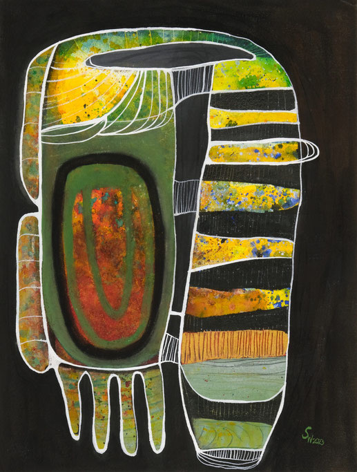 Kunstwerk auf Papier, gemalt  mit Gouache, Tusche, Aquarellfarbe, Stiften etc.