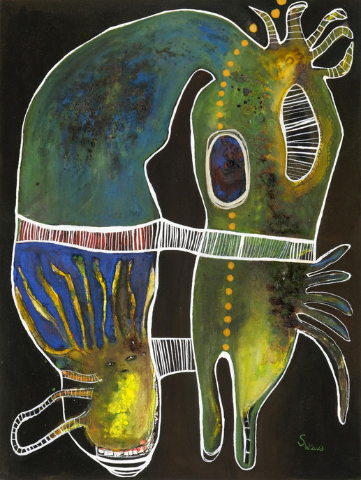 Kunstwerk auf Papier, gemalt  mit Gouache, Tusche, Aquarellfarbe, Stiften etc.