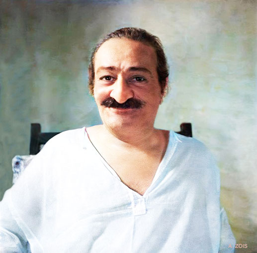 Sept 1957:Meher Baba in Ahmednagar. Photo taken by Pandey. Image rendition by Anthony Zois.
