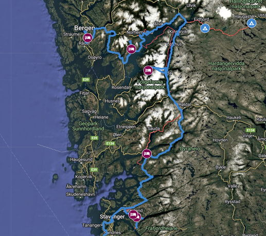 Unsere Route nach von Stavanger nach Bergen