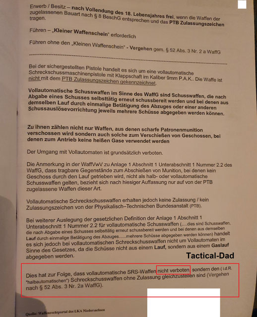 Gutachten der Polizei Niedersachsen, über die rechtliche Einstufung einer vollautomatischen Ekol Asi Schreckschusspistole. 