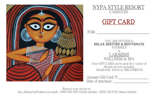 NYPA STYLE RESORT, CAMIGUIN, PHILIPPINES, MASSAGE CENTER, LAKSHMI WELLNESS CENTER, GIFT CARD