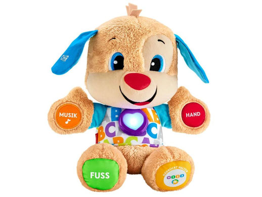Im Paket Fisher-Price ist ein sprechender und ein singender, kuschelig, weiches Lernspasshündchen enthalten.