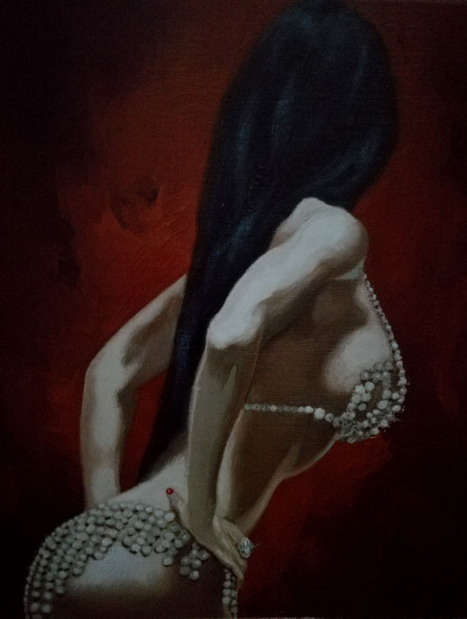 GLORIA AS MATA HARI DANCING IN THE RED FLAME. Oil on panel (18x24 cm), 2016. Private collection.