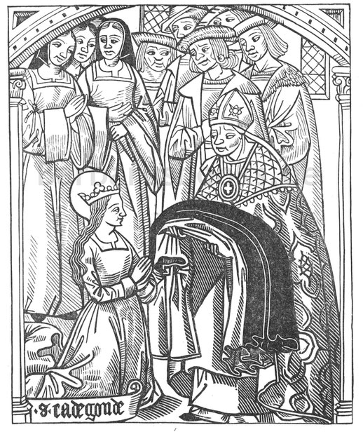 Abb. 240. – Die heilige Radegonde, Gemahlin des Königs Chlothar (6. Jahrhundert), empfängt das Ordensgewand aus den Händen des heiligen Medard, Bischof von Noyon. – „Histoire et Cronicque de Chlothar“ (16mo, Paris, Jean Mesnage, 1513).
