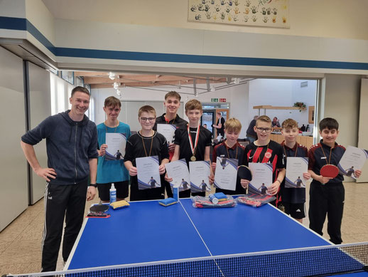 Turnierleitung Tobias Truß, Marc Dohms (3. J19), Benni Depner (2. J15, 4. J19), Matti Lehmensiek (2. J19), Jona Schröter (2x Sieger), Jonah Landau (4. J15), Luis Meyer (3. J15), Noel Schneider (6. J15) und Shayar Bilal (5. J15)