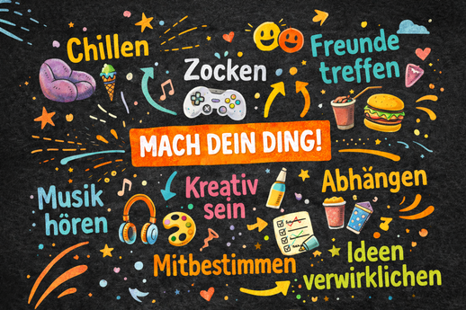 Kreatives Plakat mit Ideen und Möglichkeiten im Jugendtreff, z. B. abhängen, Musik hören, Freunde treffen, mitbestimmen und eigene Ideen umsetzen.