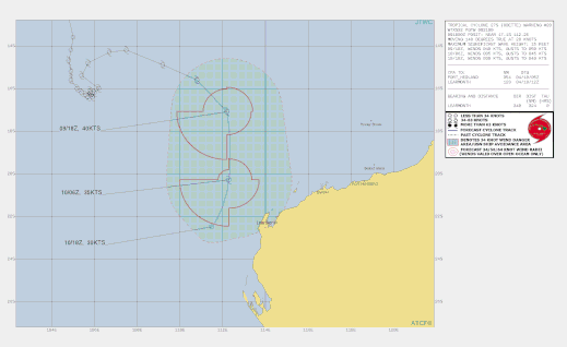 Track map of Tropical Cyclone Odette off the Western Australia coast, 10/04/2021, Image from JTWC.