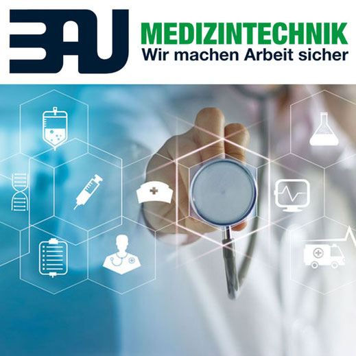 illustrative abbildung arzt mit stethoskop darüber logo der bau medizintechnik