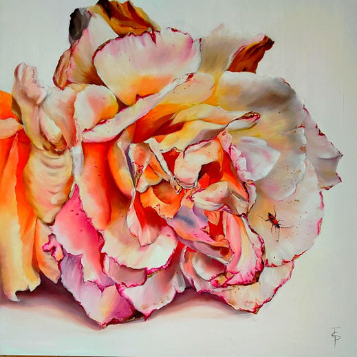 huile tableau rose à l'insecte Joëlle Poret
