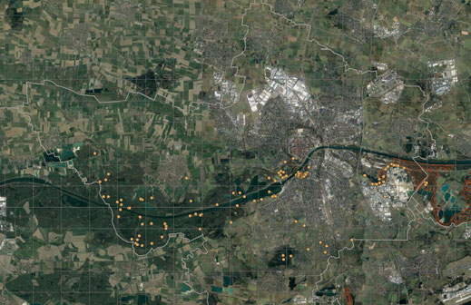 Einzelbeoachtungen vom Buntspecht 2019 (Basis Google-Earth/ Copyright LBV Ingolstadt)