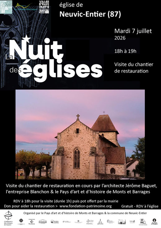 animation pays d'art et d'histoire pah petr pays monts et barrages nuit des églises neuvic entier 87 visite guidée visite de chantier restauration architecte blanchon mardi 7 juillet 2026 fondation du patrimoine