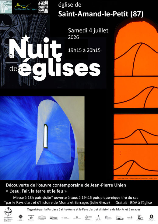 animation pays d'art et d'histoire pah petr pays monts et barrages visite guidée église saint amand le petit 87 oeuvre contemporaine jean pierre uhlen samedi 4 juillet 2026 nuit des églises$