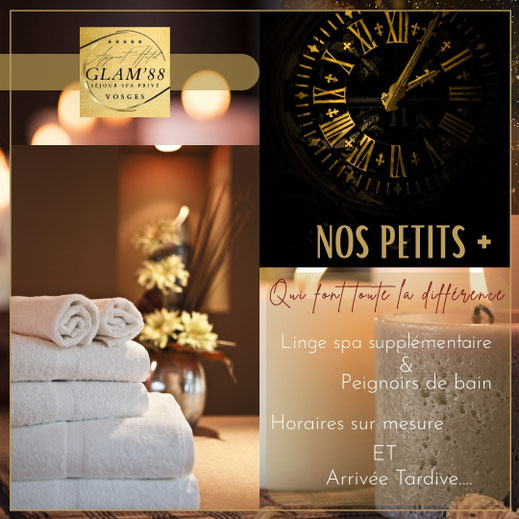 Image options & services supplémentaires du Glam'88 : linge de spa serviette et peignoir, horaires en arrivée tardive ou anticipée, ou encore séjour prolongé avec un départ tardif pour un séjour Vosgien sur mesure 