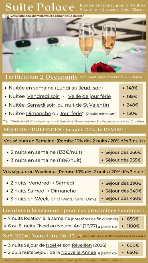 Tarification détaillée suite Palace pour un séjour avec Jacuzzi-Sauna Privé au Glam88 dans les Vosges 