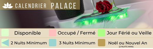 Légende de calendrier Suite Palace. Couleurs pour dates libres, durée du séjour, et périodes spéciales. Visuel ambiance romantique luxe, rose rouge, cascade jacuzzi et champagne.