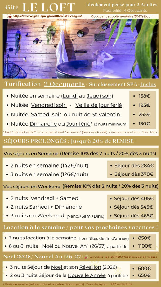 Prix nuit en semaine, week-end, ou semaine de vacances dans le loft avec bain finlandais des gites spa privé glam88 Haute Vosges 