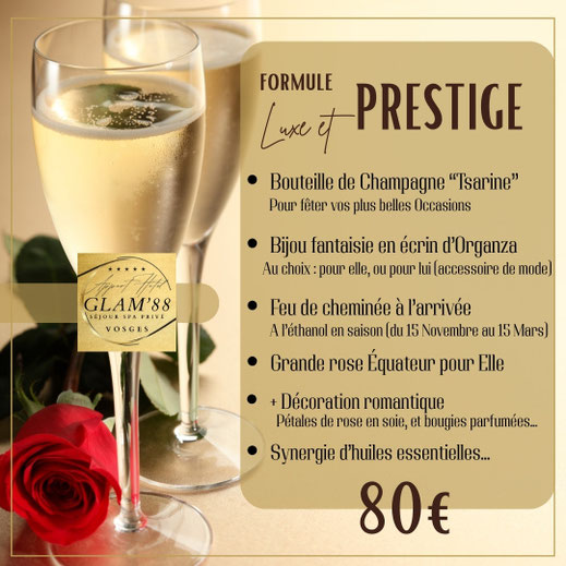 Image flûte de champagne rose rougeluxe - Formule Prestige 80 euros - Nuit spa privatif glam88 Hautes Vosges 