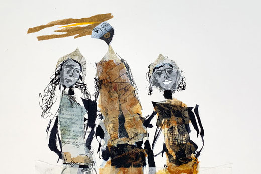 Detailaufnahme einer abstrakten Grafik dreier Frauen von Claudia König: Schwarze Tuschelinien kombiniert mit haptischen Klebeband-Fragmenten auf naturweißem Papier.