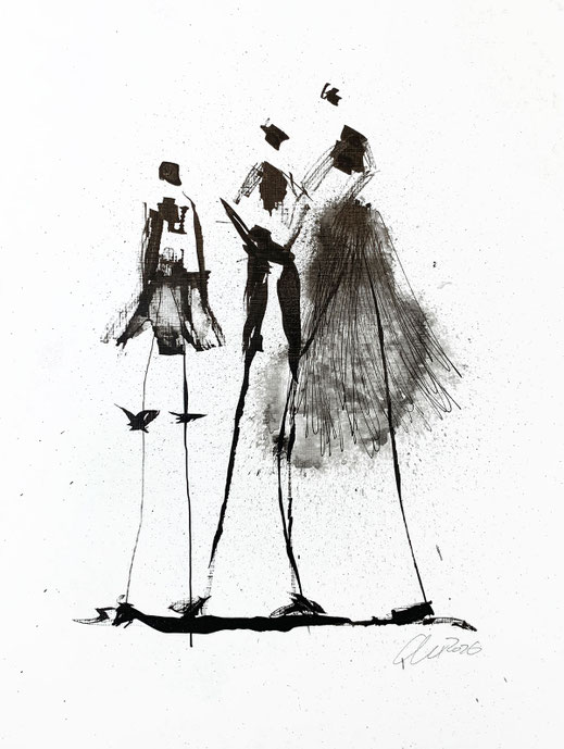 Schwarze Tuschezeichnung einer Gruppe von reduzierten menschlichen Figuren mit integrierten Papier-Collageelementen auf weißem Papier.