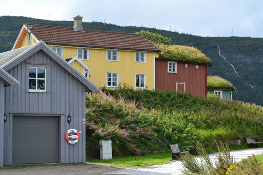 Vanaf de haven een blik op de oude huizen en een waterval op de achtergrond