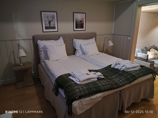 De slaapkamer met alleen de plafondverlichting aan.