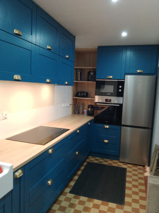 Façades de cuisine neuves, elles ont été laquées en bleu et l'on peut voir le veinage du frêne.