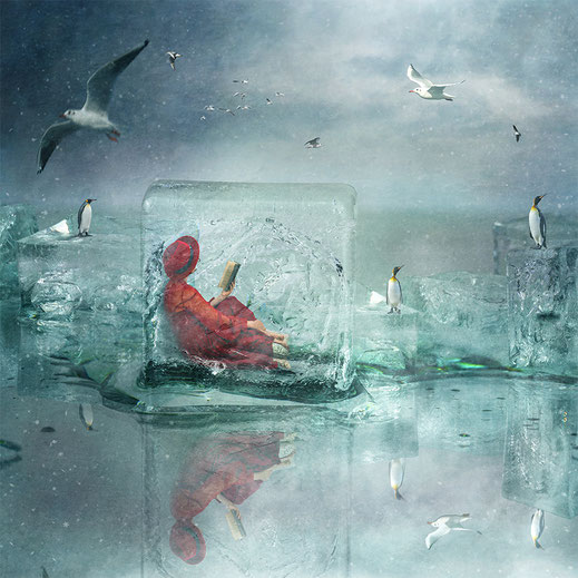 The Cold, 2021, Cloud Cuckoo Land, 2024, Eiswürfel, Fotografie, Fotocollage, digitale Bearbeitung, digitale Zeichnung, 30x30cm, 50x50cm, 90x90cm