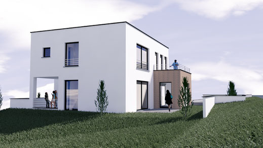 Modernes Einfamilienhaus in starker Hanglage, erste Visualisierung. -Architekturbüro Götzer