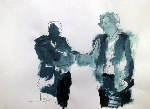 Sieger und Besiegter, Landräte nach der Wahl, hand gebend,  bleistift/acryl