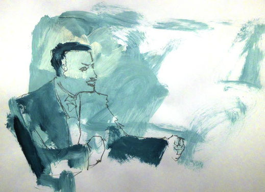 Yuppie-Sieger,  bleistift/acryl, mann in swingender pose